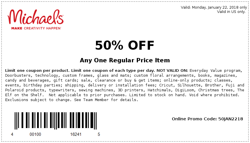 Go Couponing Now Michaels 50 Off Item Coupon Today